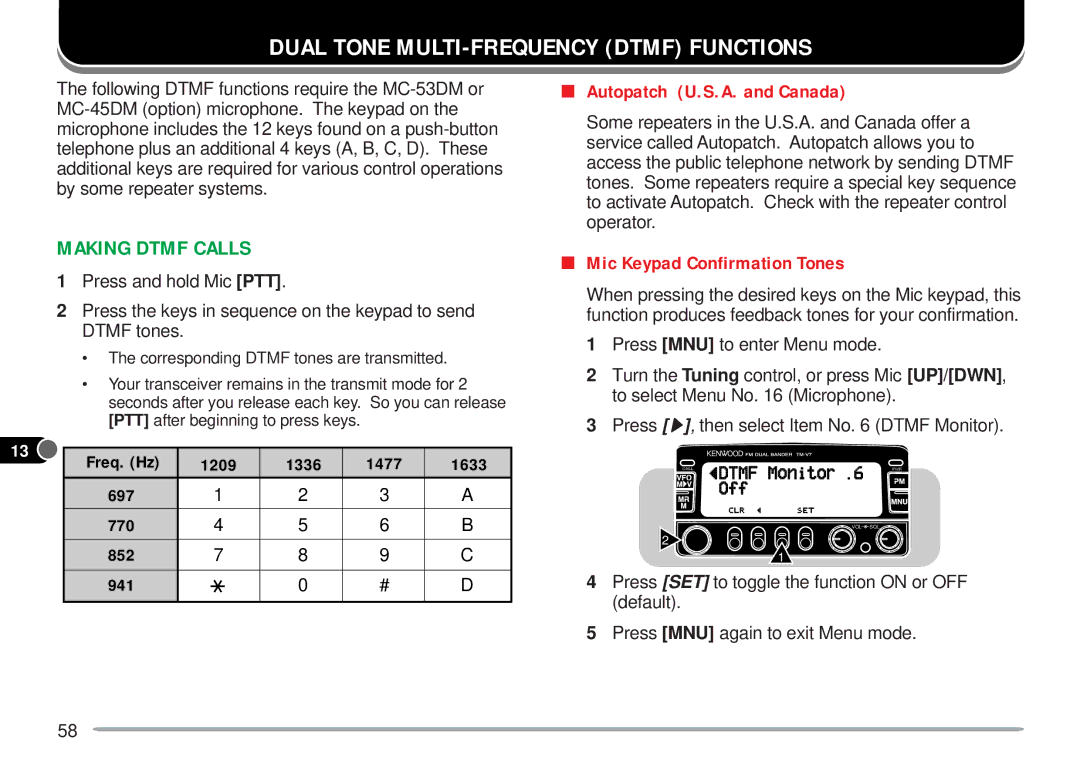 Kenwood TM-V7A Dual Tone MULTI-FREQUENCY Dtmf Functions, Autopatch U.S.A. and Canada, Mic Keypad Confirmation Tones 