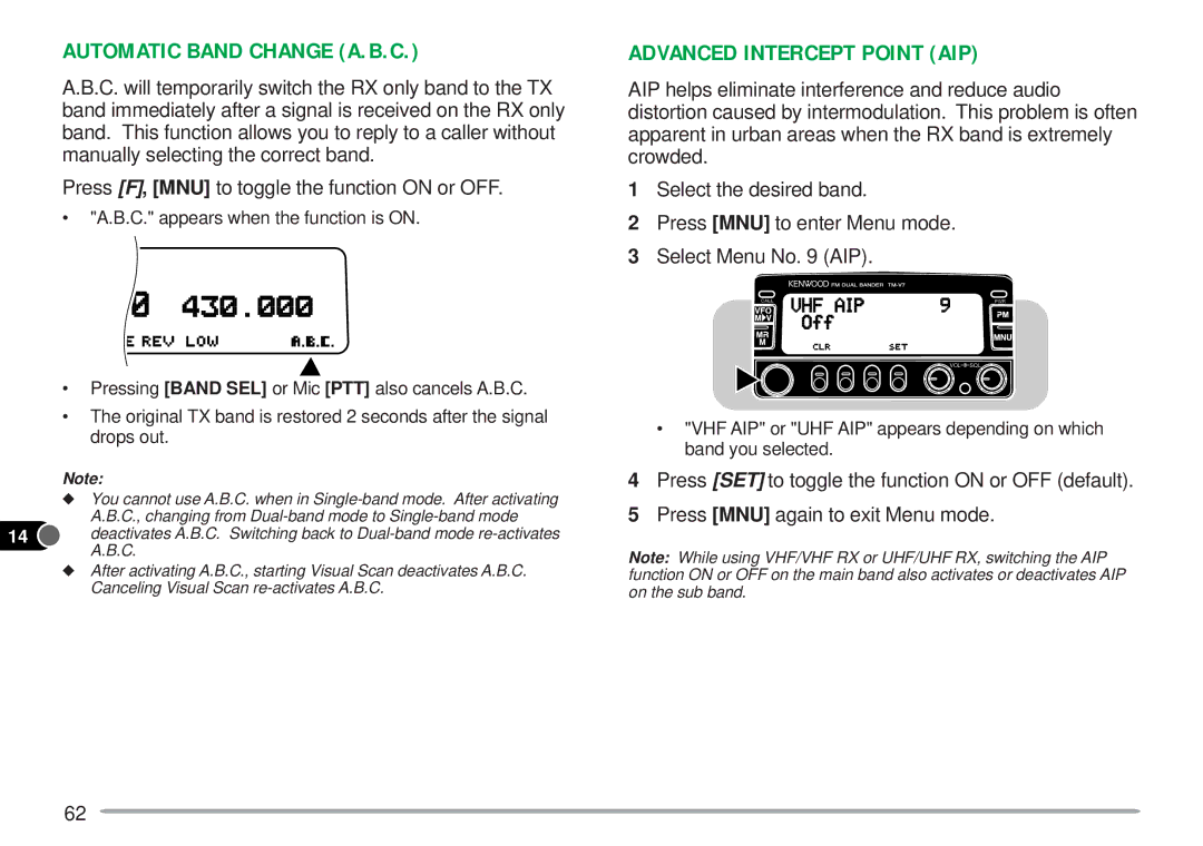 Kenwood TM-V7A instruction manual Advanced Intercept Point AIP, C. will temporarily switch the RX only band to the TX 