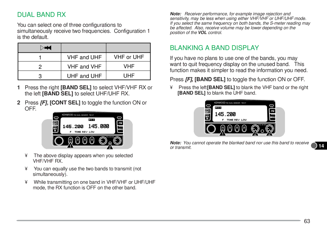 Kenwood TM-V7A instruction manual Dual Band RX, Configuration, VHF and UHF VHF or UHF VHF and VHF, UHF and UHF 