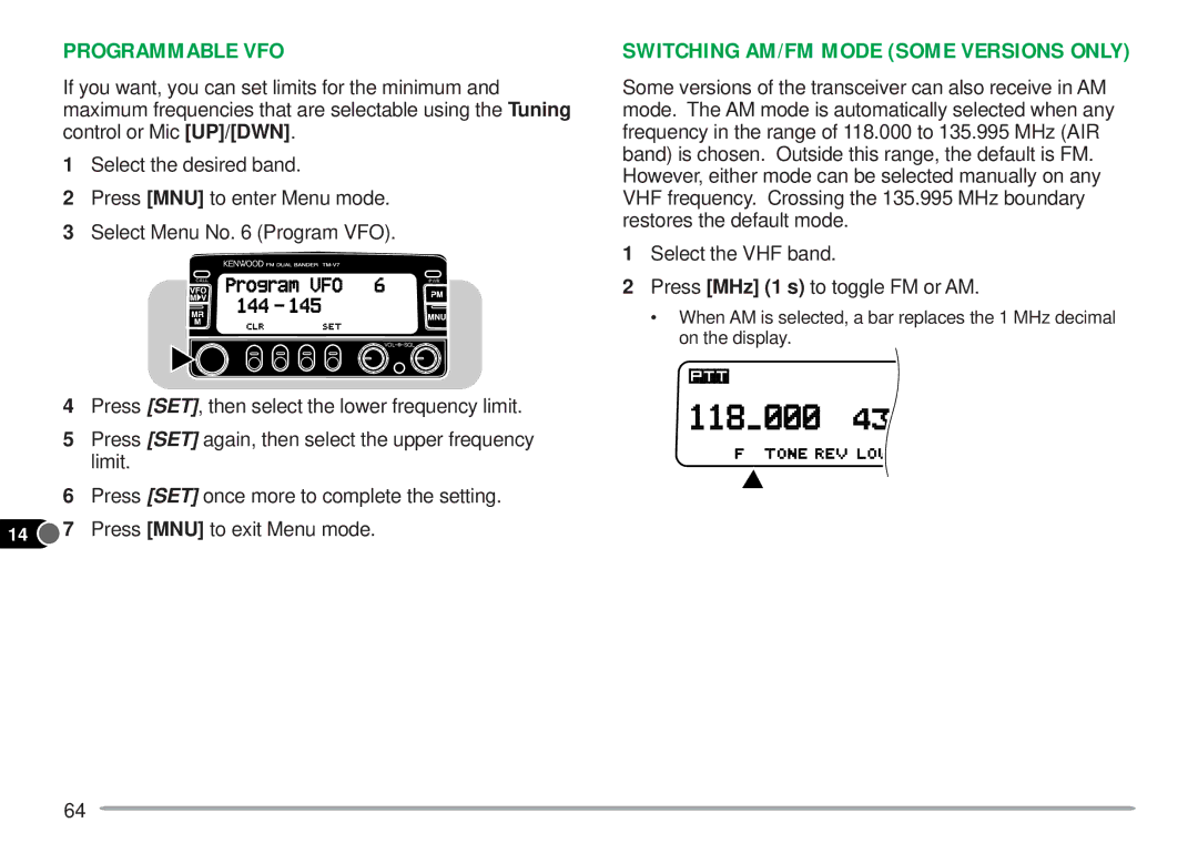 Kenwood TM-V7A instruction manual Programmable VFO, Switching AM/FM Mode Some Versions only 