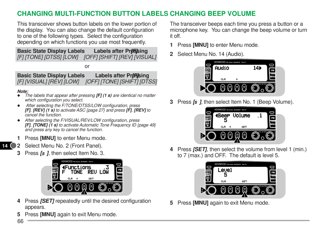 Kenwood TM-V7A instruction manual Changing Beep Volume, Labels after Pressing F, Press s, then select Item No Beep Volume 