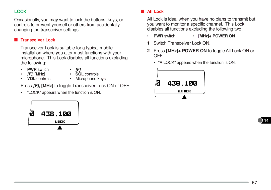 Kenwood TM-V7A instruction manual All Lock, Press F, MHz to toggle Transceiver Lock on or OFF 