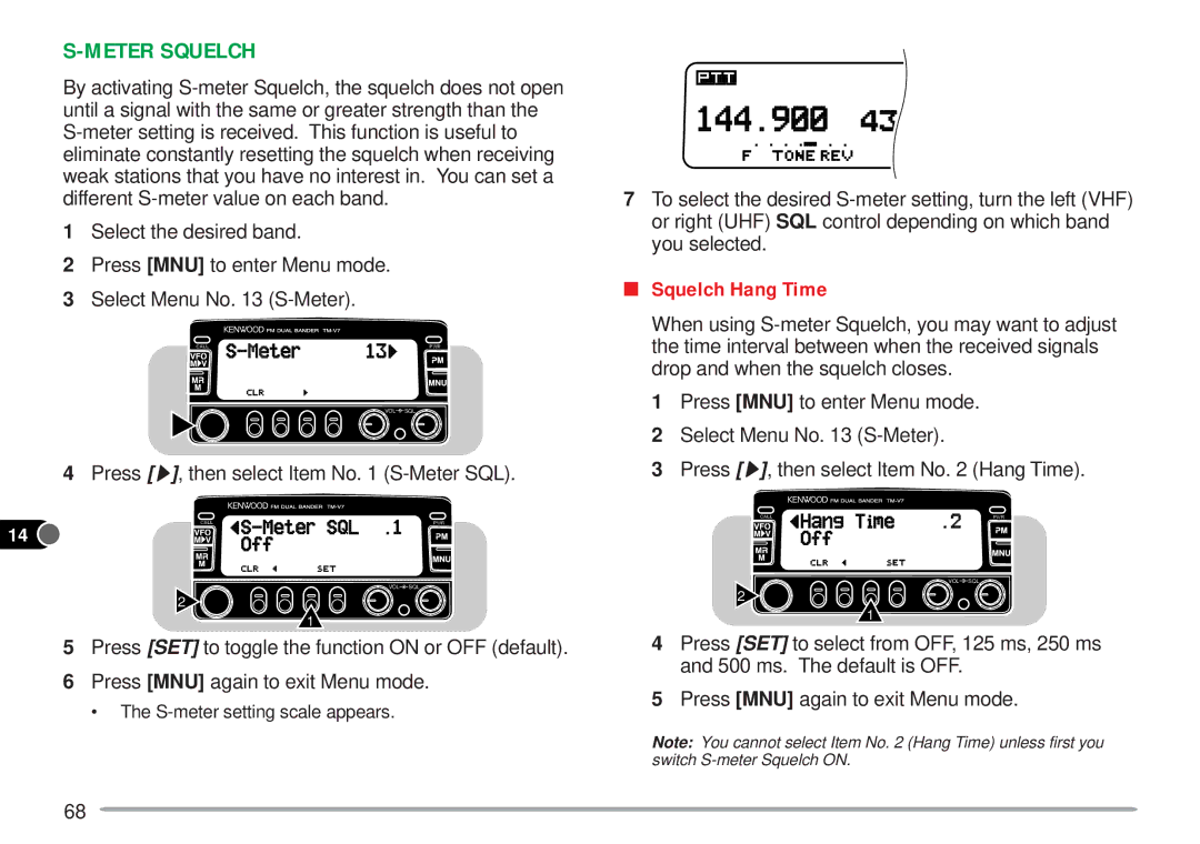 Kenwood TM-V7A instruction manual Meter Squelch, Squelch Hang Time 