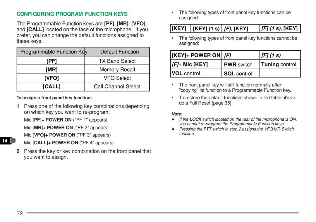 Kenwood TM-V7A instruction manual Configuring Program Function Keys, Default Function 