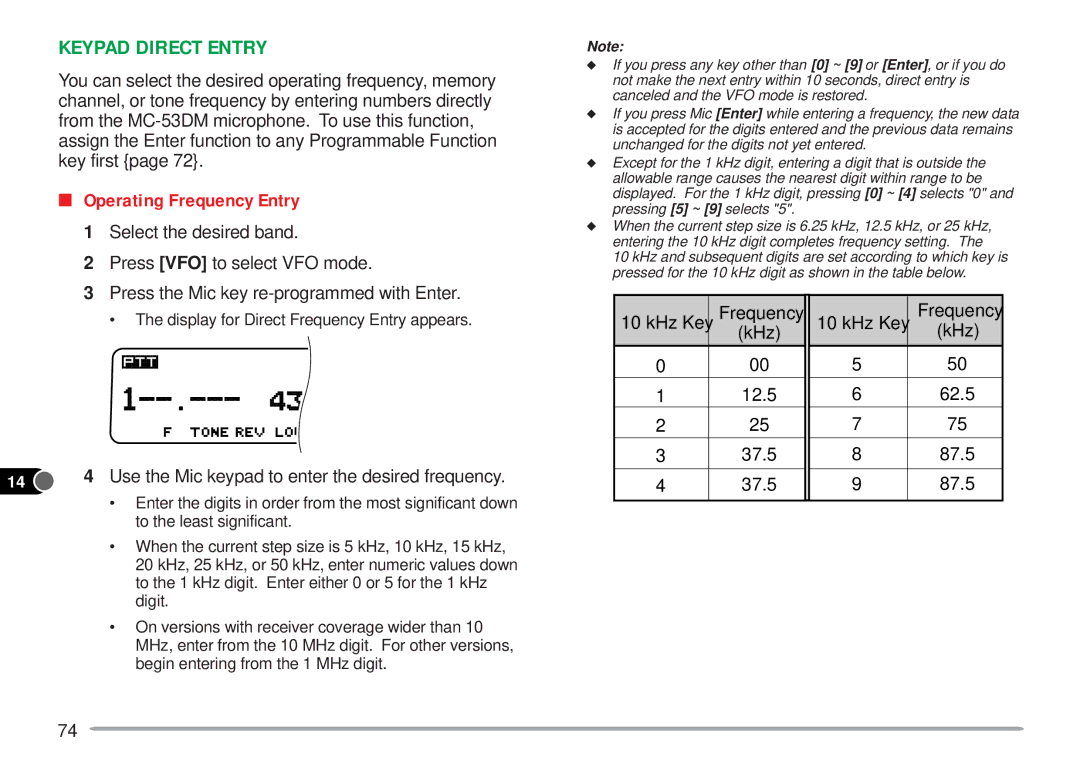 Kenwood TM-V7A Keypad Direct Entry, Operating Frequency Entry, Use the Mic keypad to enter the desired frequency 