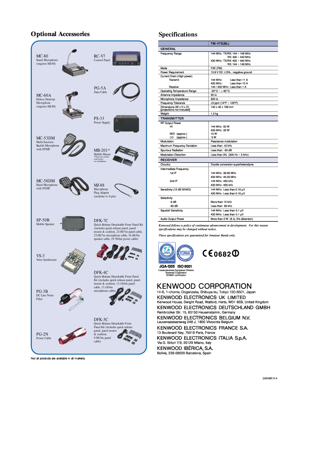 Kenwood TM-V7E(BL) 0682, Optional Accessories, Specifications, MC-80, MC-60A, MC-53DM, MC-58DM, SP-50B, RC-V7, PG-5A, VS-3 