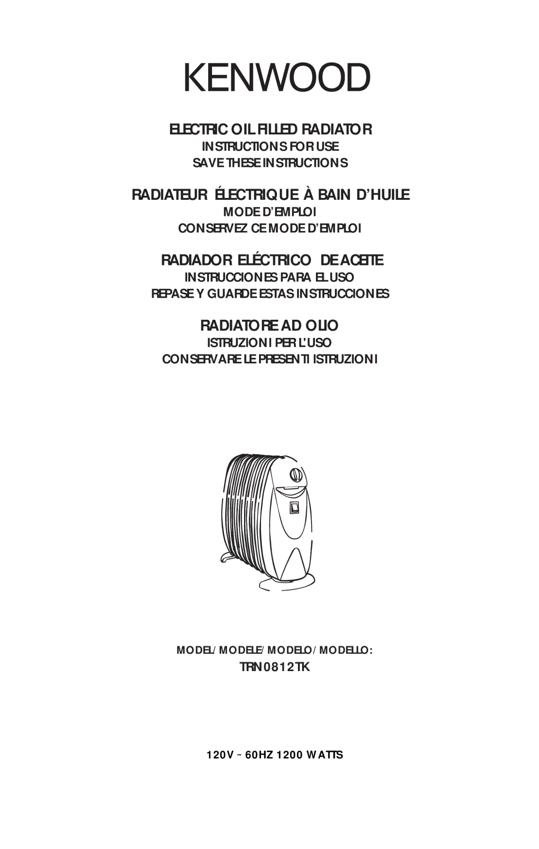 Kenwood trn0812tk manual Radiatore AD Olio, Model/Modele/Modelo/Modello 