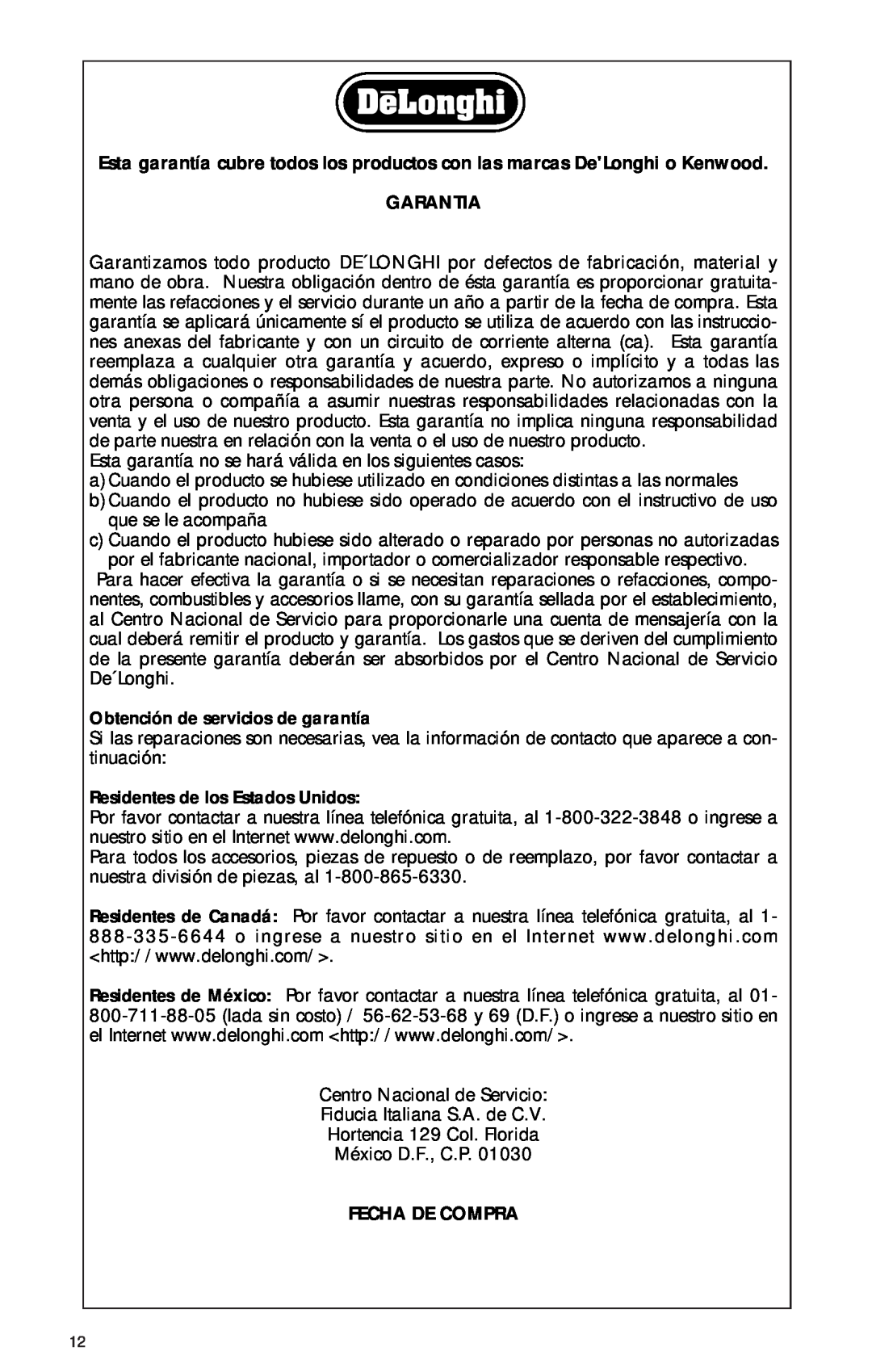 Kenwood trn0812tk manual Garantia, Fecha De Compra 