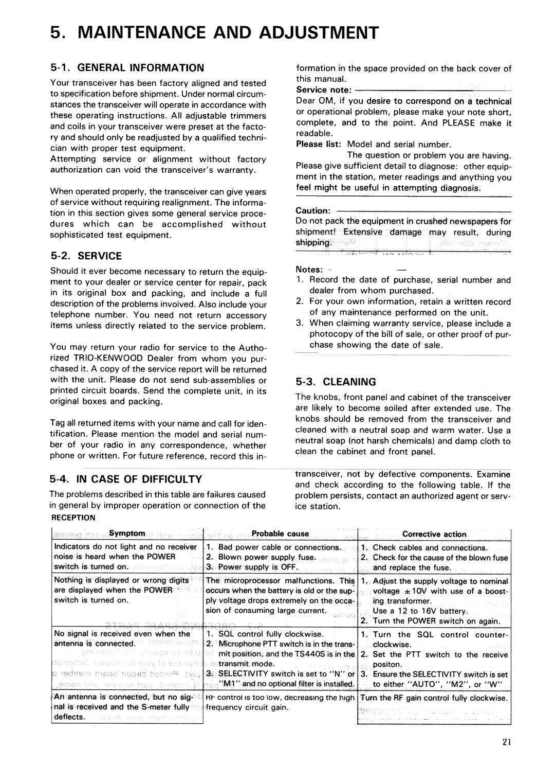 Kenwood TS-440S manual General Information, Service, Cleaning, Case of Difficul TV 