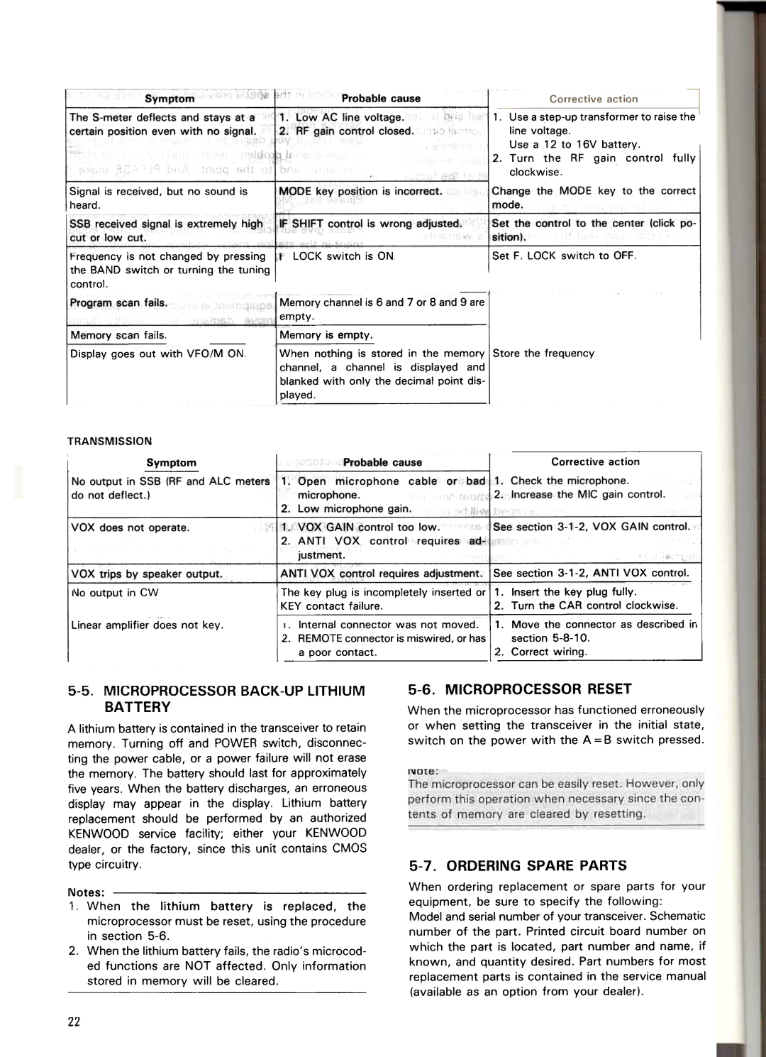 Kenwood TS-440S manual Ordering Spare Parts, Mode, Microprocessor BACK-UP Lithium Battery, Microprocessor Reset 