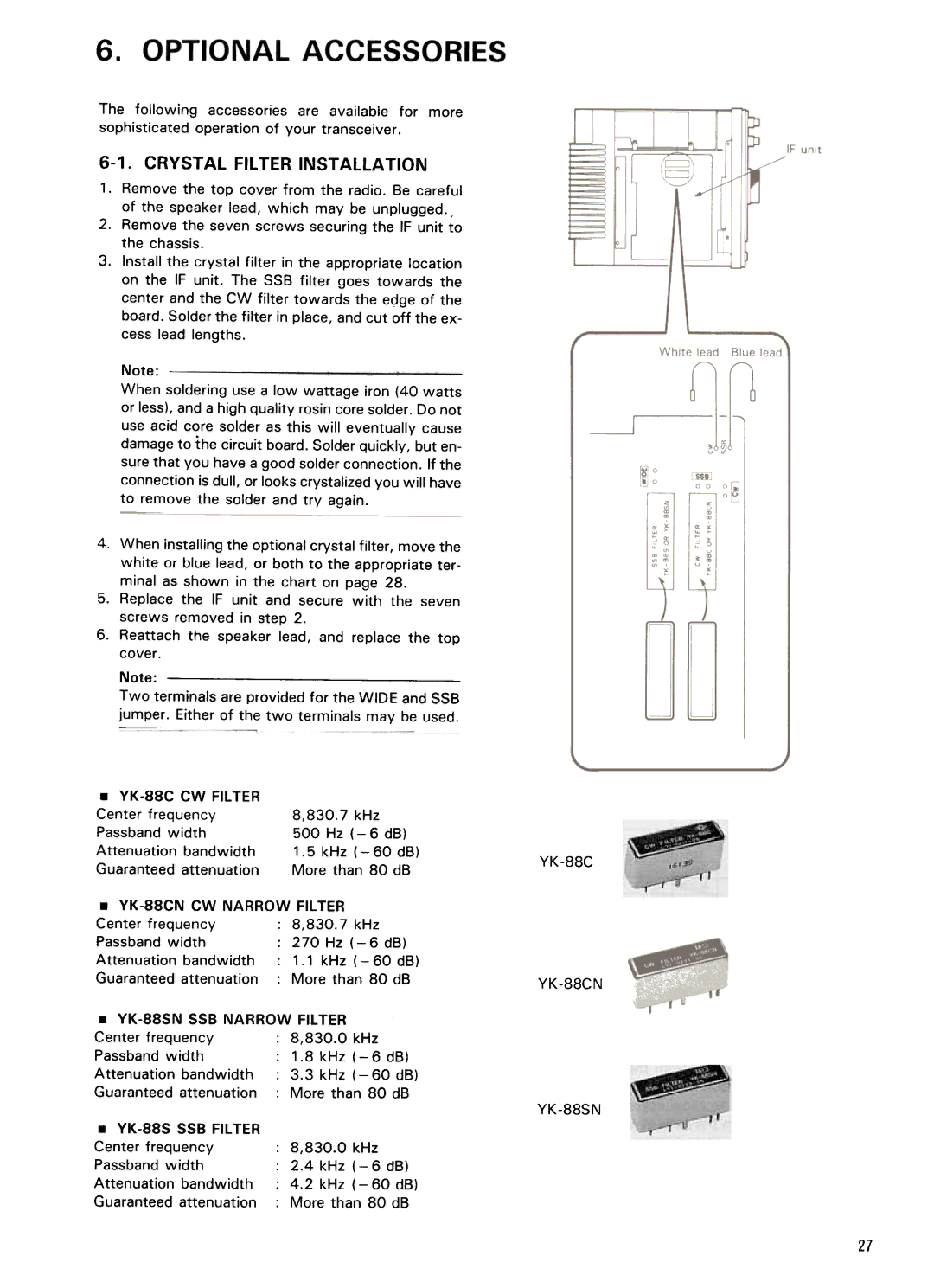 Kenwood TS-440S manual Crystal Filter Installation, Center frequency, Passband width, Attenuation Bandwidth 