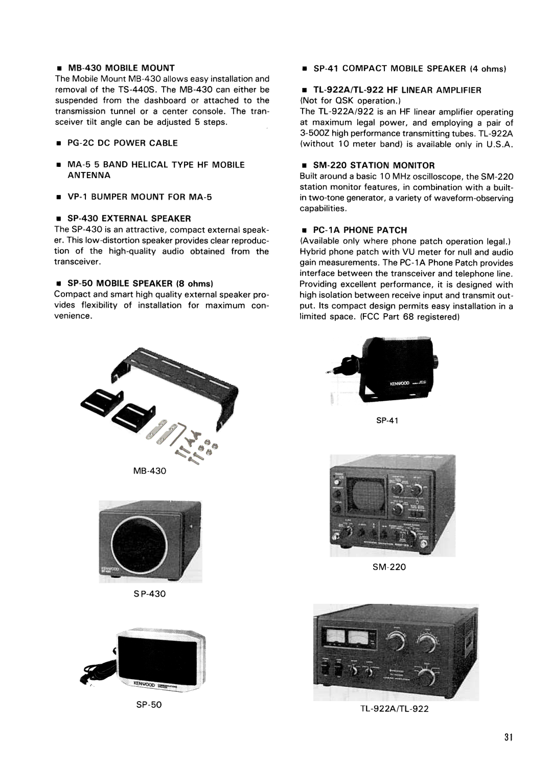 Kenwood TS-440S manual MB-430, 430 SP-50 TL-922A/TL-922 