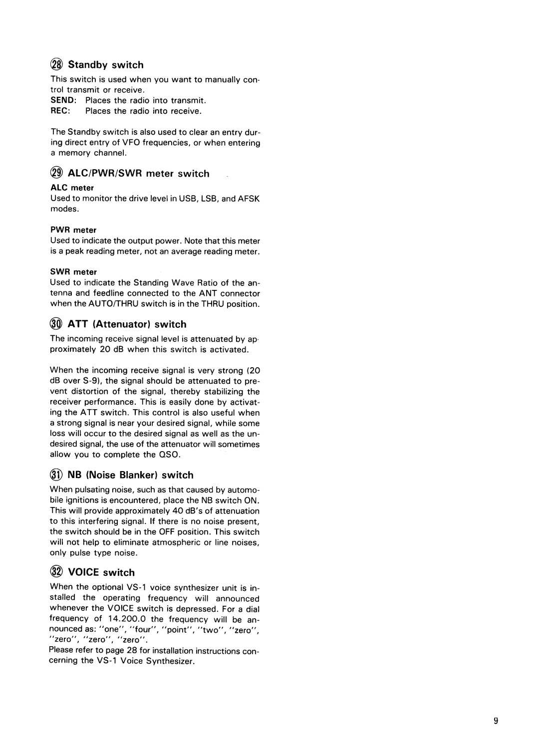 Kenwood TS-440S manual @ Standby switch, Modes, @ ATT Attenuator switch, NB Noise Blanker switch, @ Voice switch 