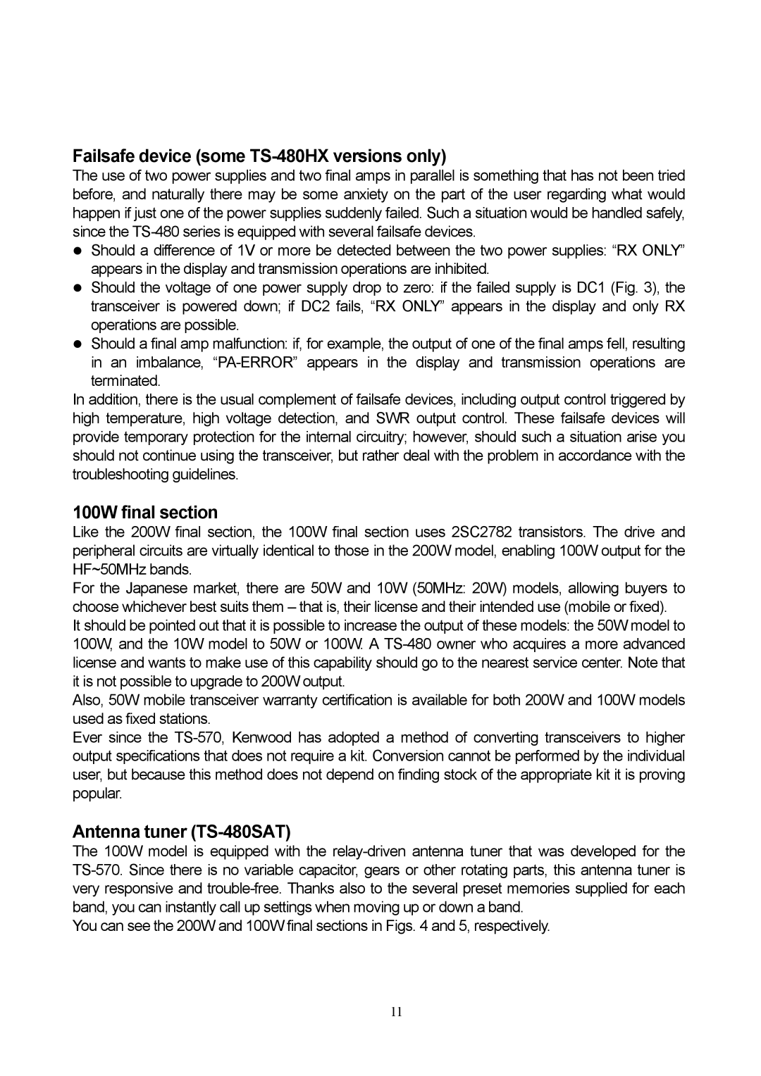 Kenwood manual Failsafe device some TS-480HX versions only, 100W final section, Antenna tuner TS-480SAT 