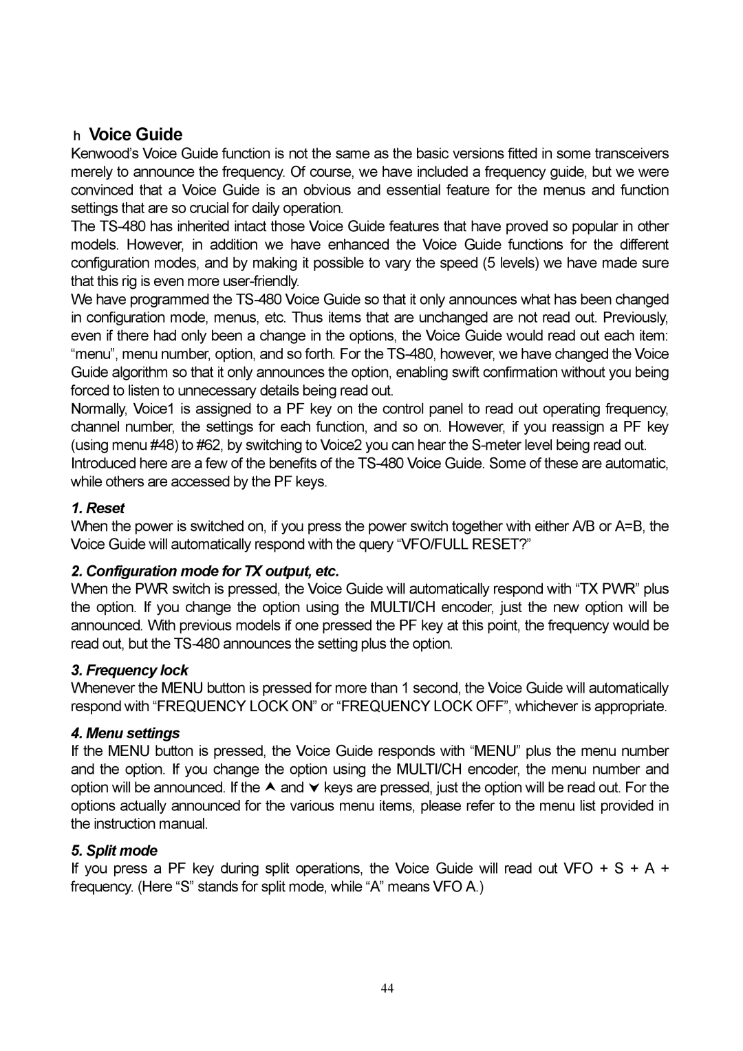 Kenwood TS-480 manual Voice Guide, Reset, Configuration mode for TX output, etc, Frequency lock, Menu settings Split mode 