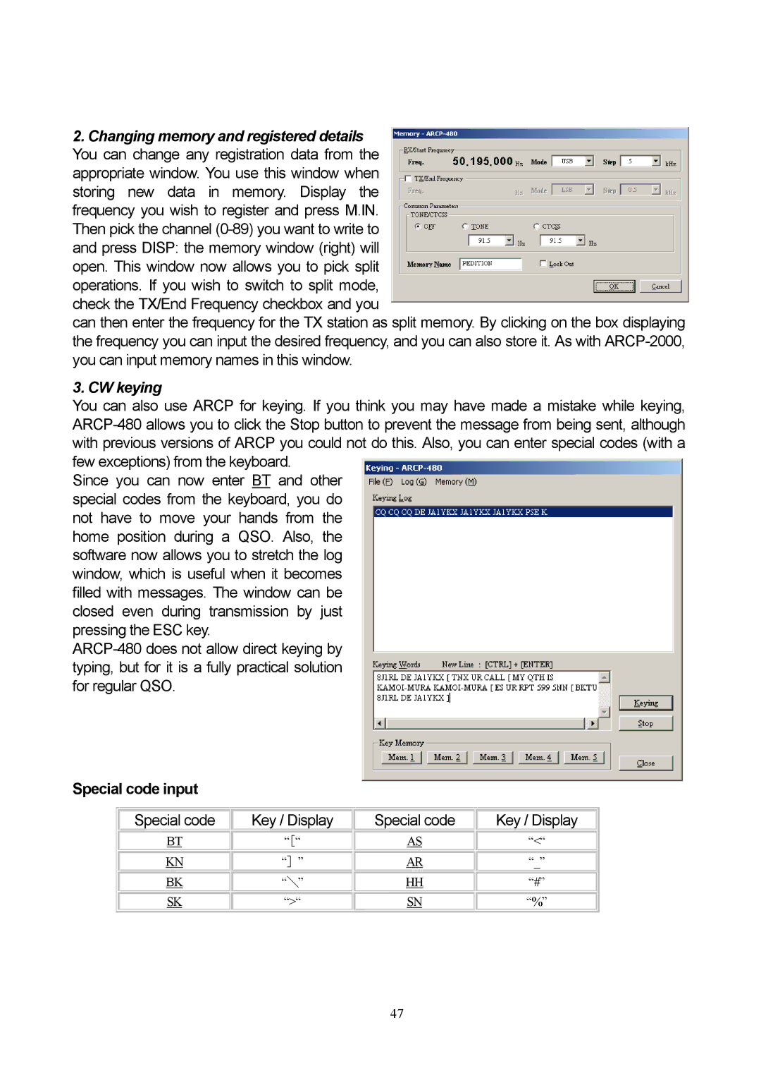 Kenwood TS-480 manual Changing memory and registered details, CW keying 