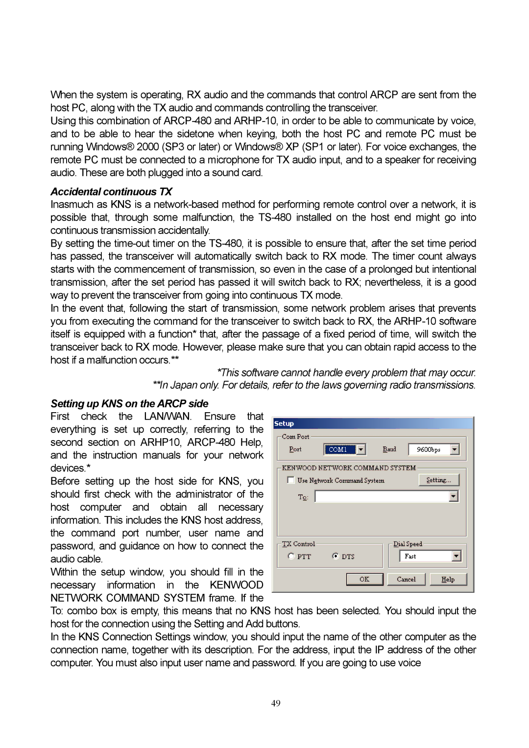 Kenwood TS-480 manual Accidental continuous TX, Setting up KNS on the Arcp side 