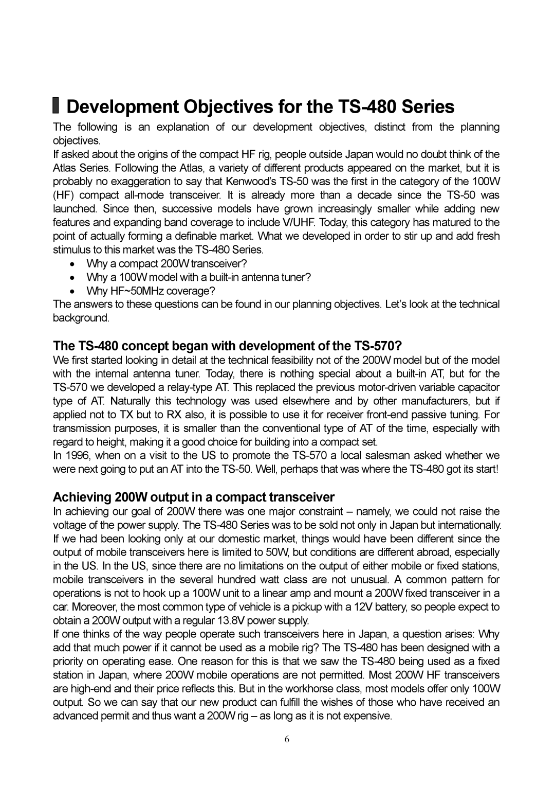 Kenwood manual Development Objectives for the TS-480 Series, TS-480 concept began with development of the TS-570? 