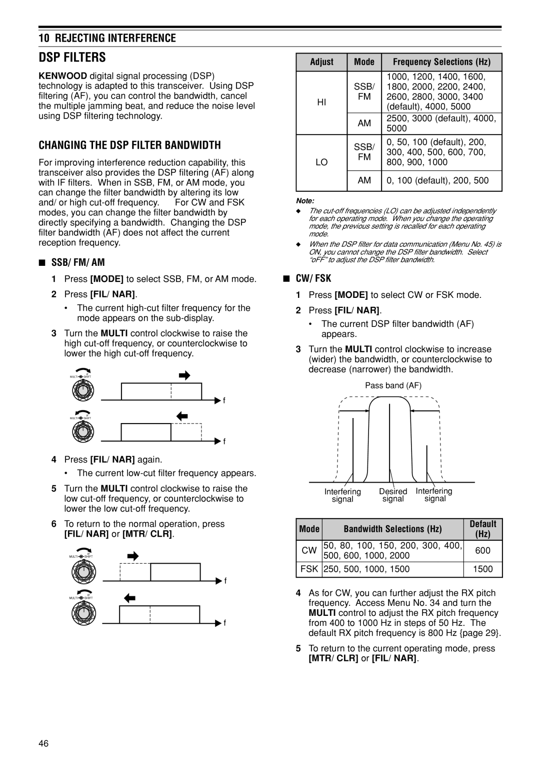 Kenwood TS-480HX DSP Filters, Rejecting Interference, Changing the DSP Filter Bandwidth, Adjust Mode, Press FIL/ NAR 