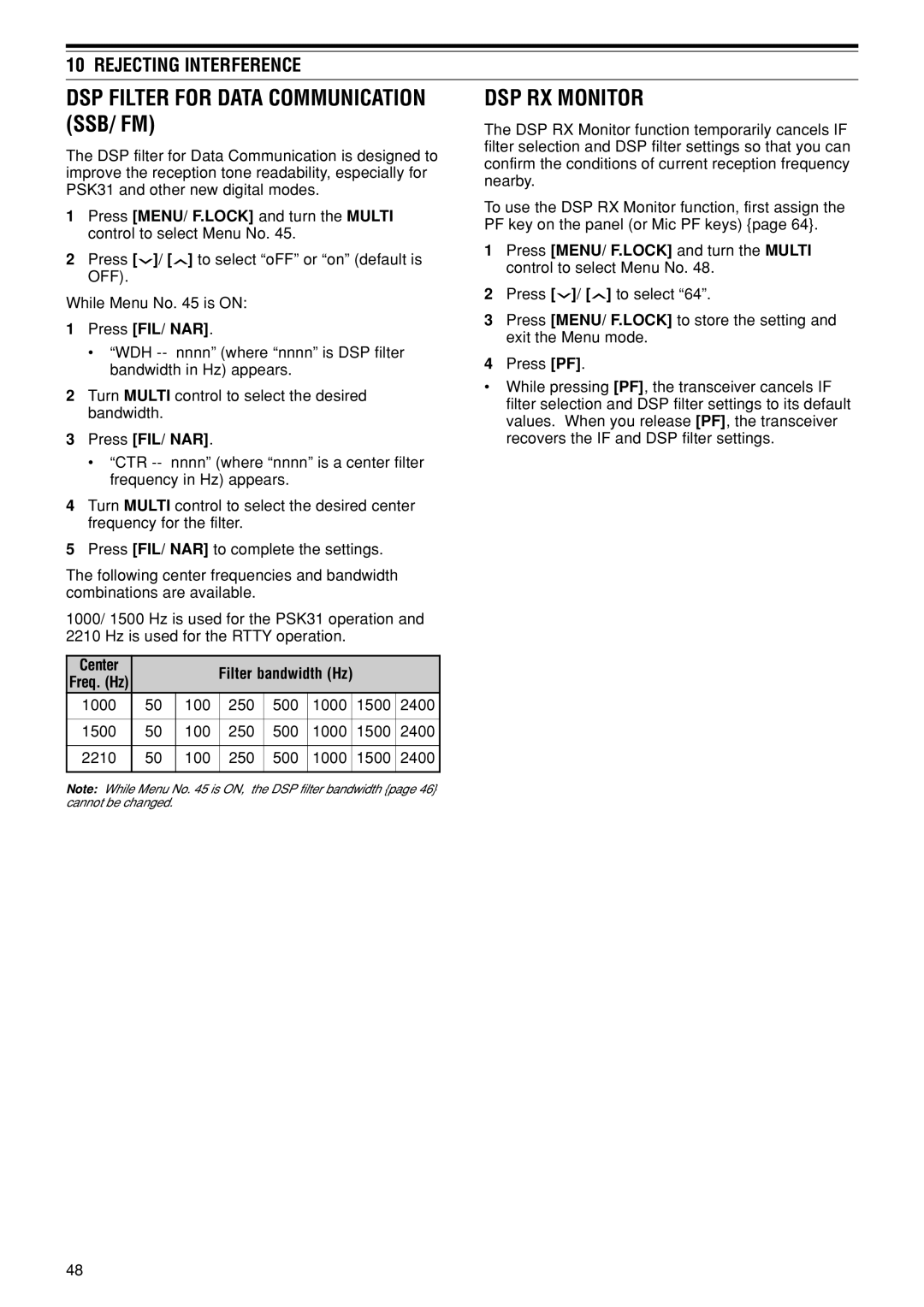 Kenwood TS-480HX, TS-480SAT instruction manual DSP Filter for Data Communication SSB/ FM, DSP RX Monitor, Center 