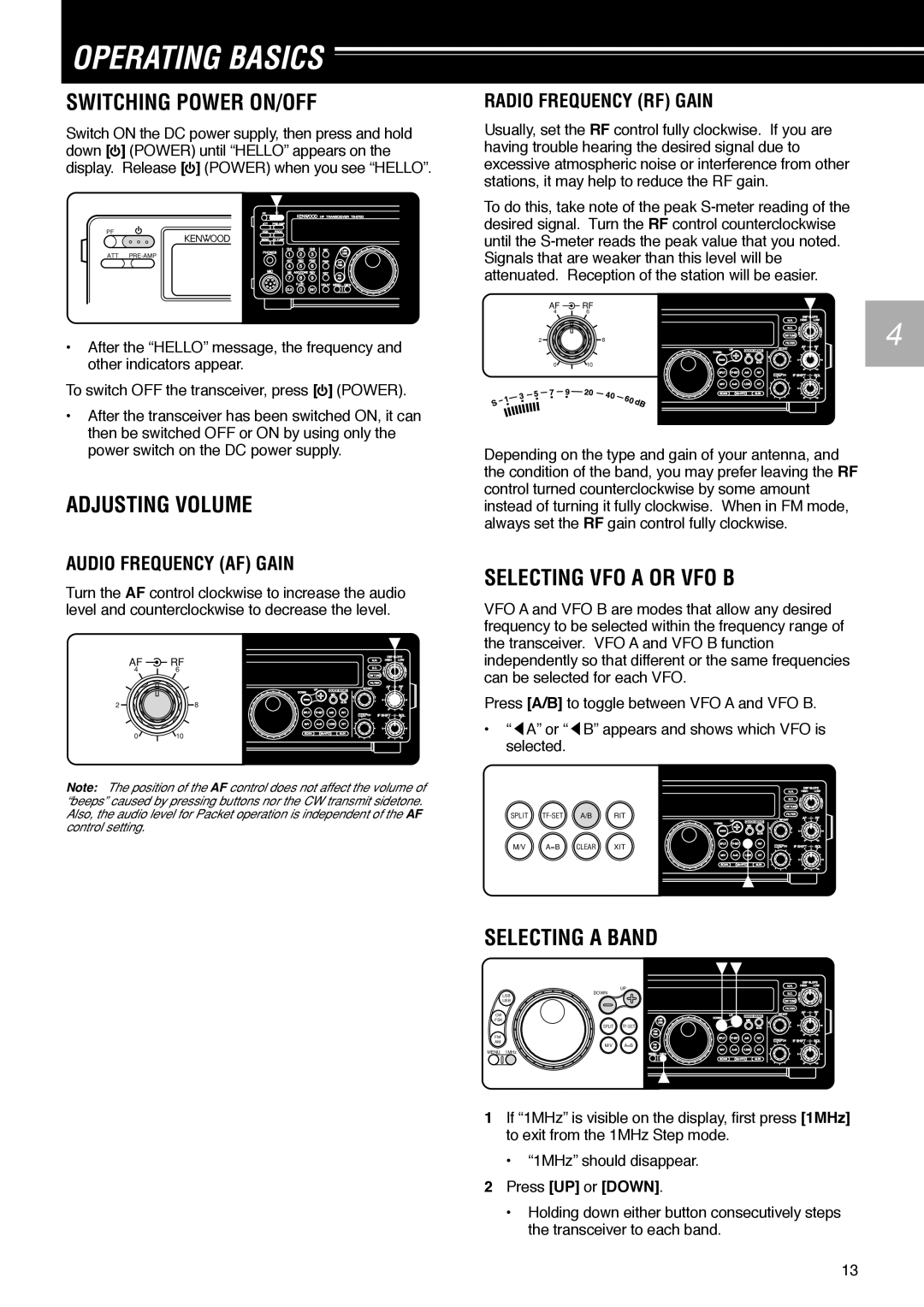 Kenwood TS-570D Operating Basics, Switching Power ON/OFF, Adjusting Volume, Selecting VFO a or VFO B, Selecting a Band 