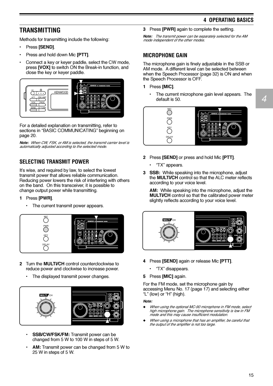 Kenwood TS-570D instruction manual Transmitting, Microphone Gain, Selecting Transmit Power 