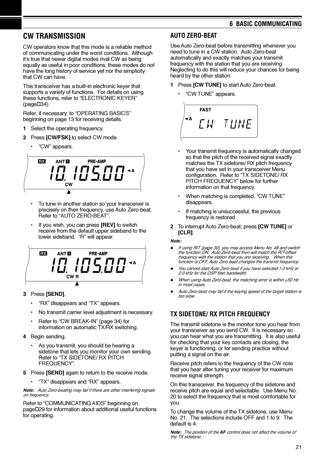 Kenwood TS-570D instruction manual CW Transmission, Basic Communicating, Auto ZERO-BEAT, TX SIDETONE/ RX Pitch Frequency 