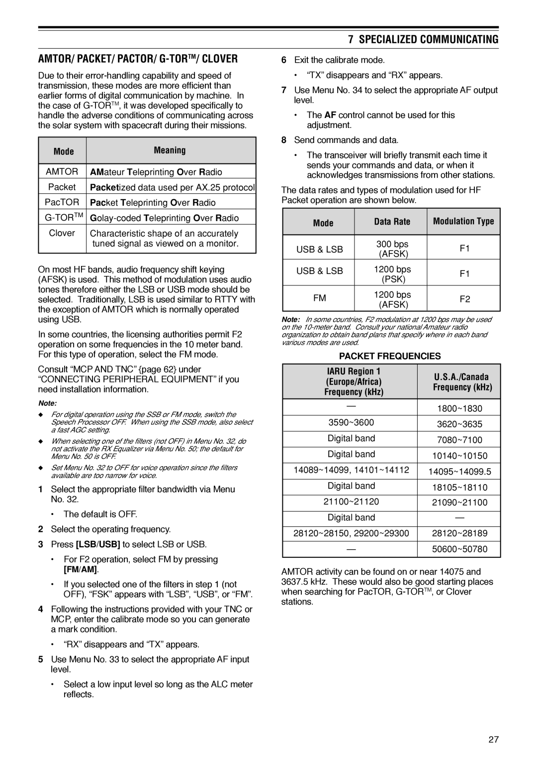 Kenwood TS-570D instruction manual Packet Frequencies 