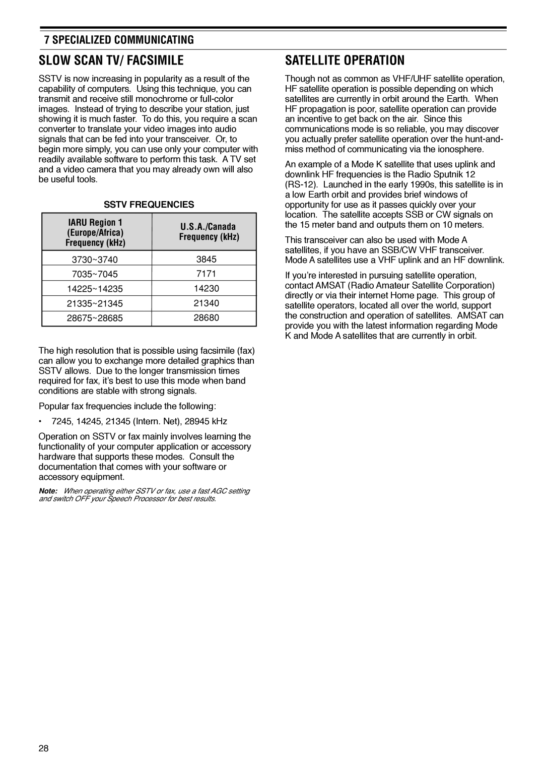 Kenwood TS-570D instruction manual Slow Scan TV/ Facsimile, Satellite Operation, Sstv Frequencies 