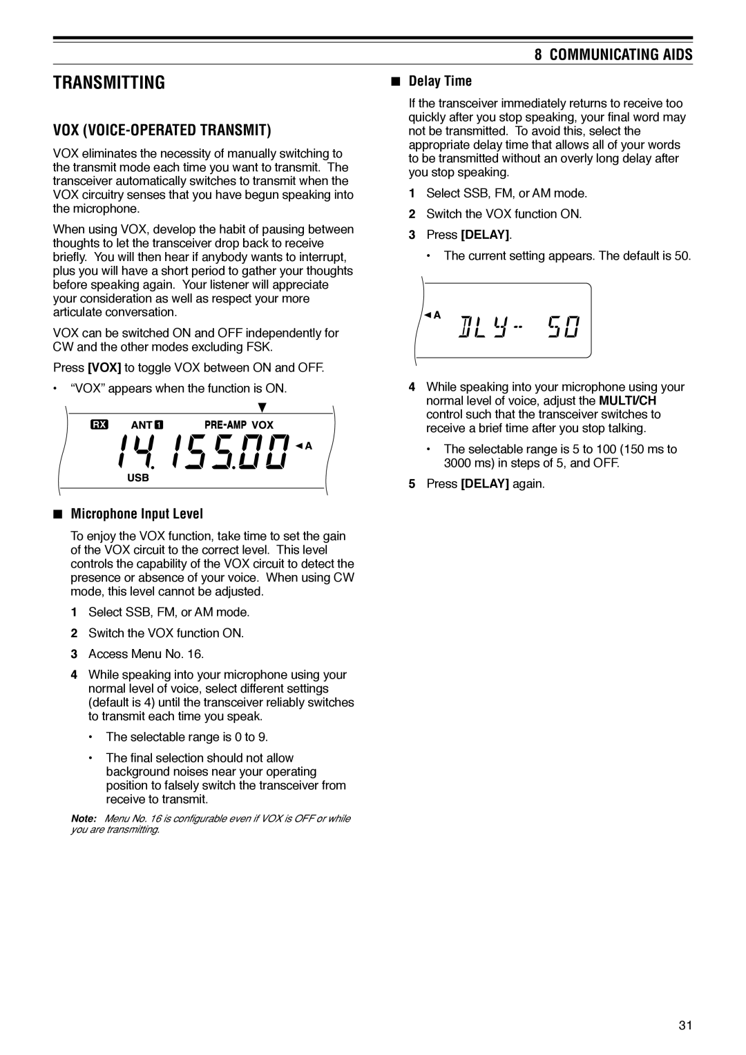 Kenwood TS-570D instruction manual VOX VOICE-OPERATED Transmit, Microphone Input Level, Delay Time, Press Delay 