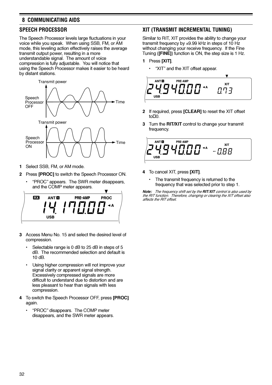 Kenwood TS-570D instruction manual Communicating Aids Speech Processor, XIT Transmit Incremental Tuning 