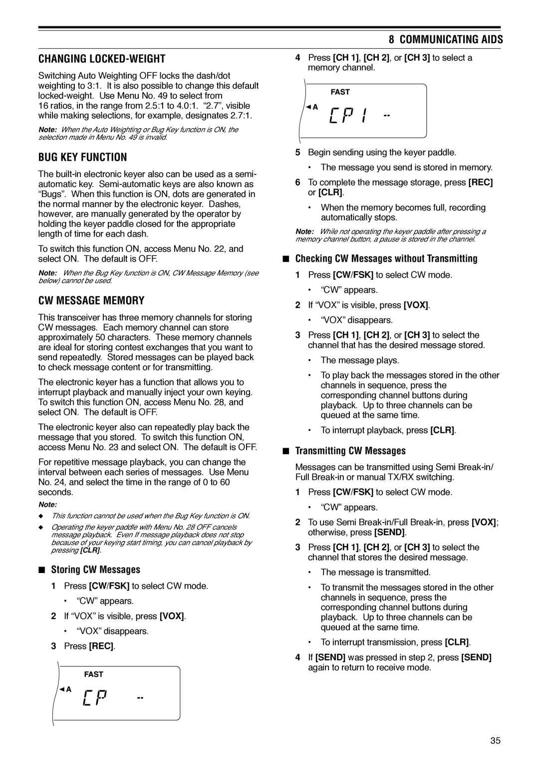 Kenwood TS-570D instruction manual Communicating Aids Changing LOCKED-WEIGHT, BUG KEY Function, CW Message Memory 