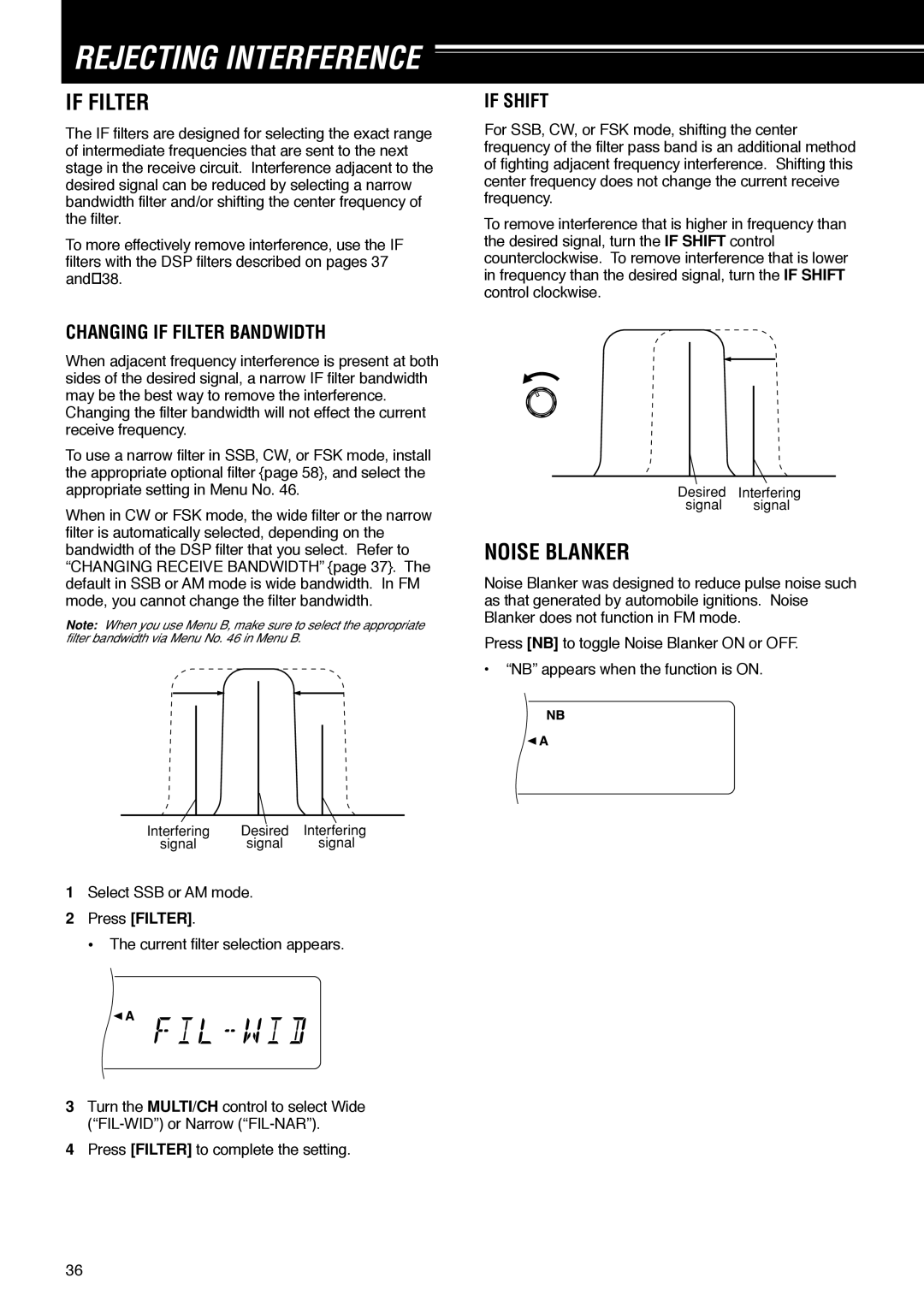 Kenwood TS-570D instruction manual Rejecting Interference, If Filter, Noise Blanker, Changing if Filter Bandwidth, If Shift 