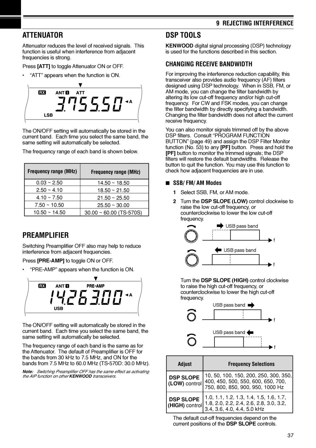 Kenwood TS-570D instruction manual Attenuator, Preamplifier, DSP Tools, Rejecting Interference, Changing Receive Bandwidth 