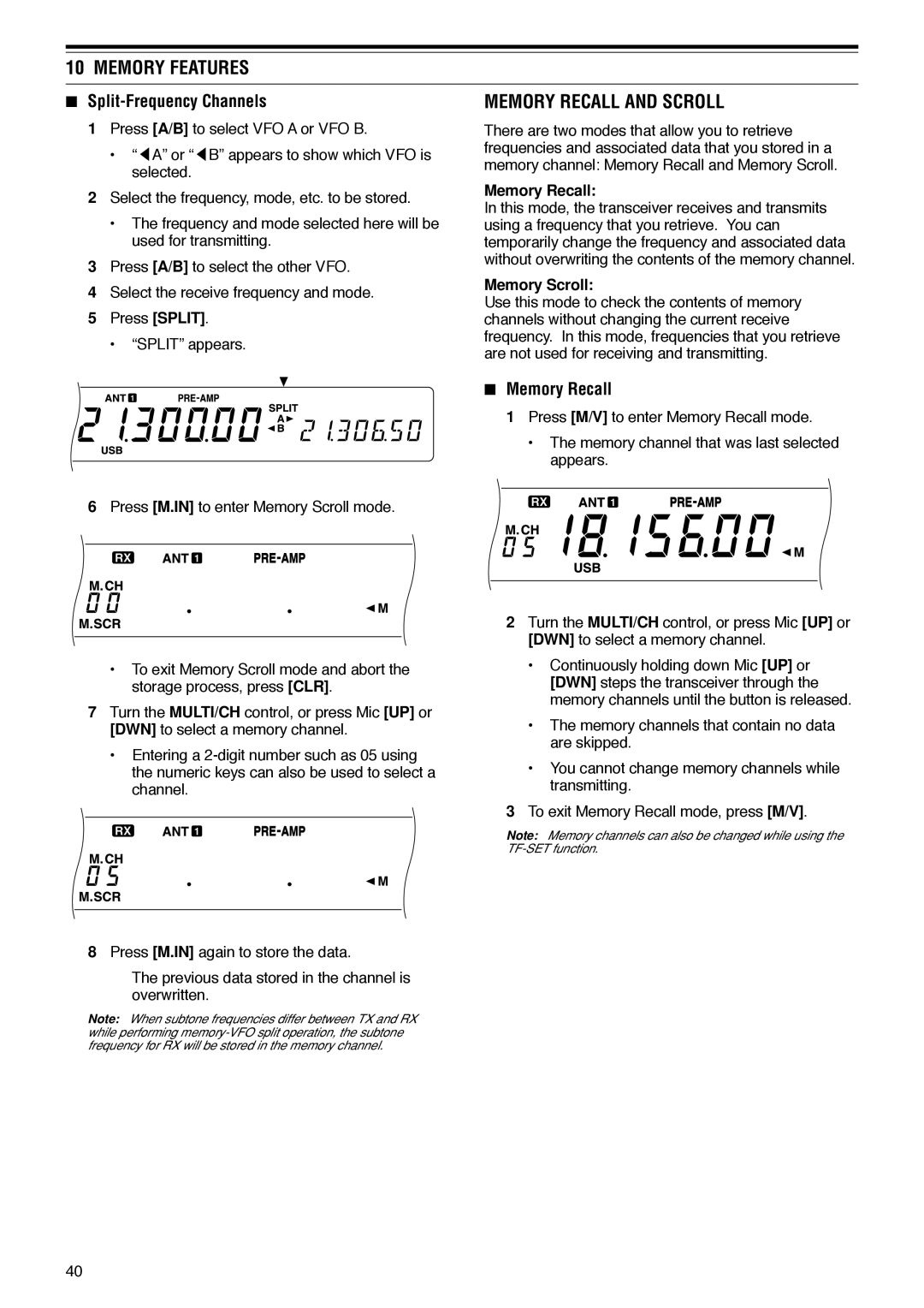 Kenwood TS-570D instruction manual Memory Features, Split-Frequency Channels, Memory Recall and Scroll 