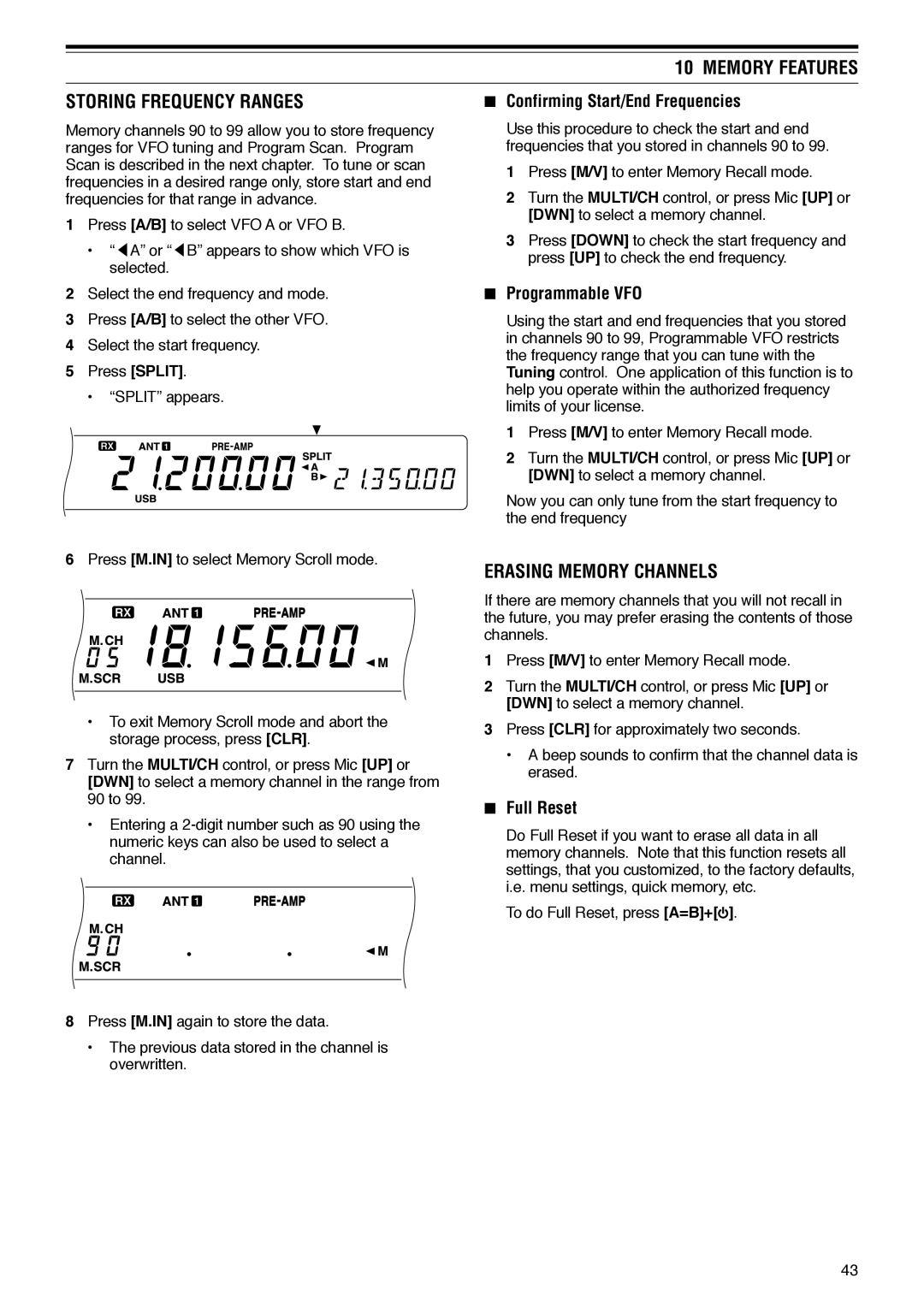 Kenwood TS-570D Memory Features Storing Frequency Ranges, Erasing Memory Channels, Confirming Start/End Frequencies 