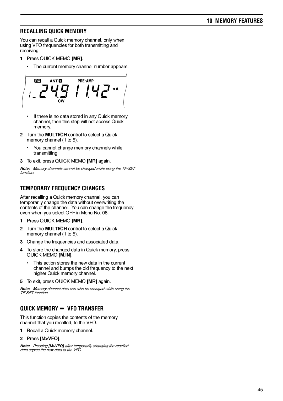 Kenwood TS-570D Memory Features Recalling Quick Memory, Temporary Frequency Changes, Quick Memory VFO Transfer 