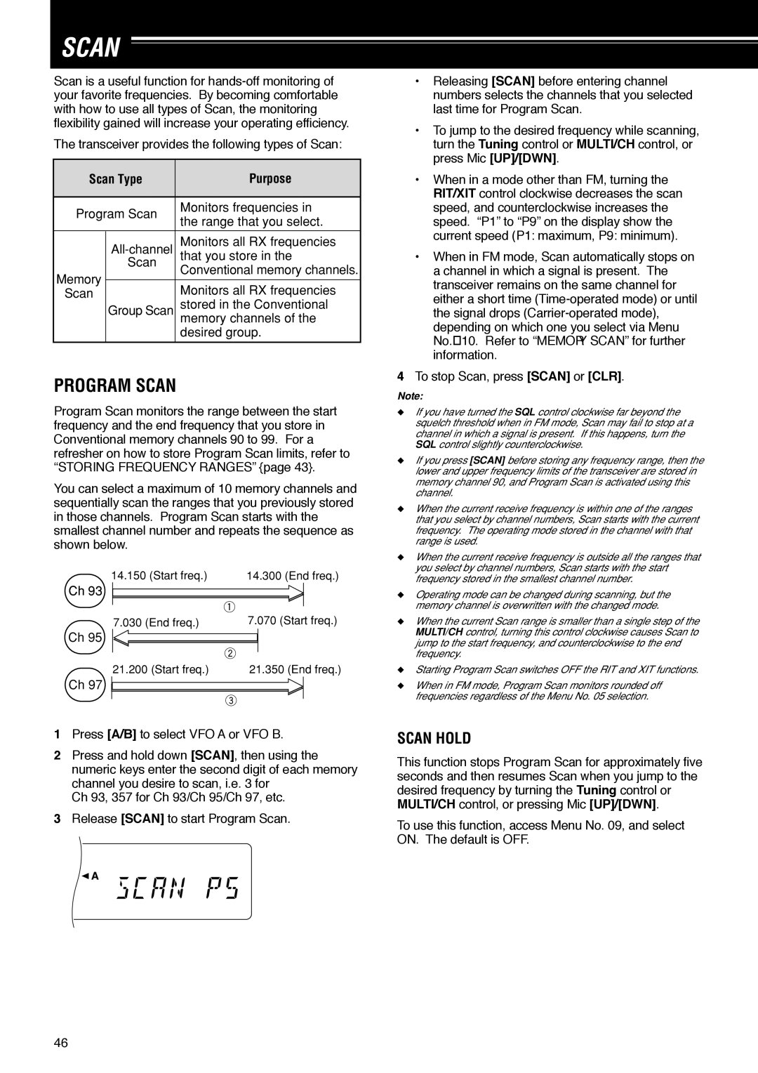 Kenwood TS-570D instruction manual Program Scan, Scan Hold, Scan Type Purpose 