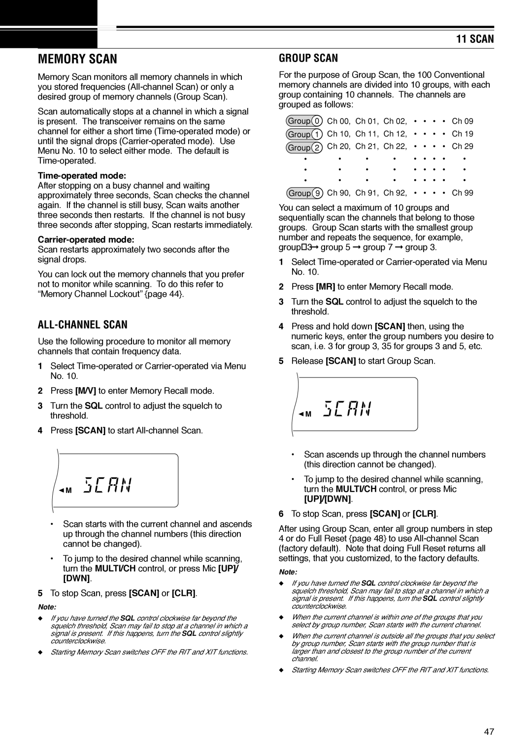 Kenwood TS-570D instruction manual Memory Scan, ALL-CHANNEL Scan, Group Scan 