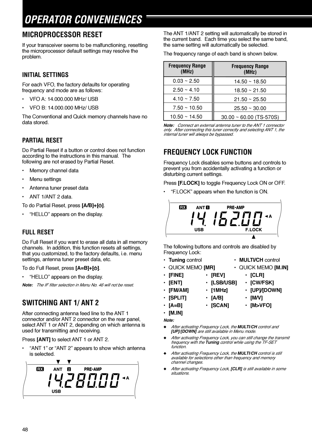 Kenwood TS-570D Operator Conveniences, Microprocessor Reset, Switching ANT 1/ ANT, Frequency Lock Function 