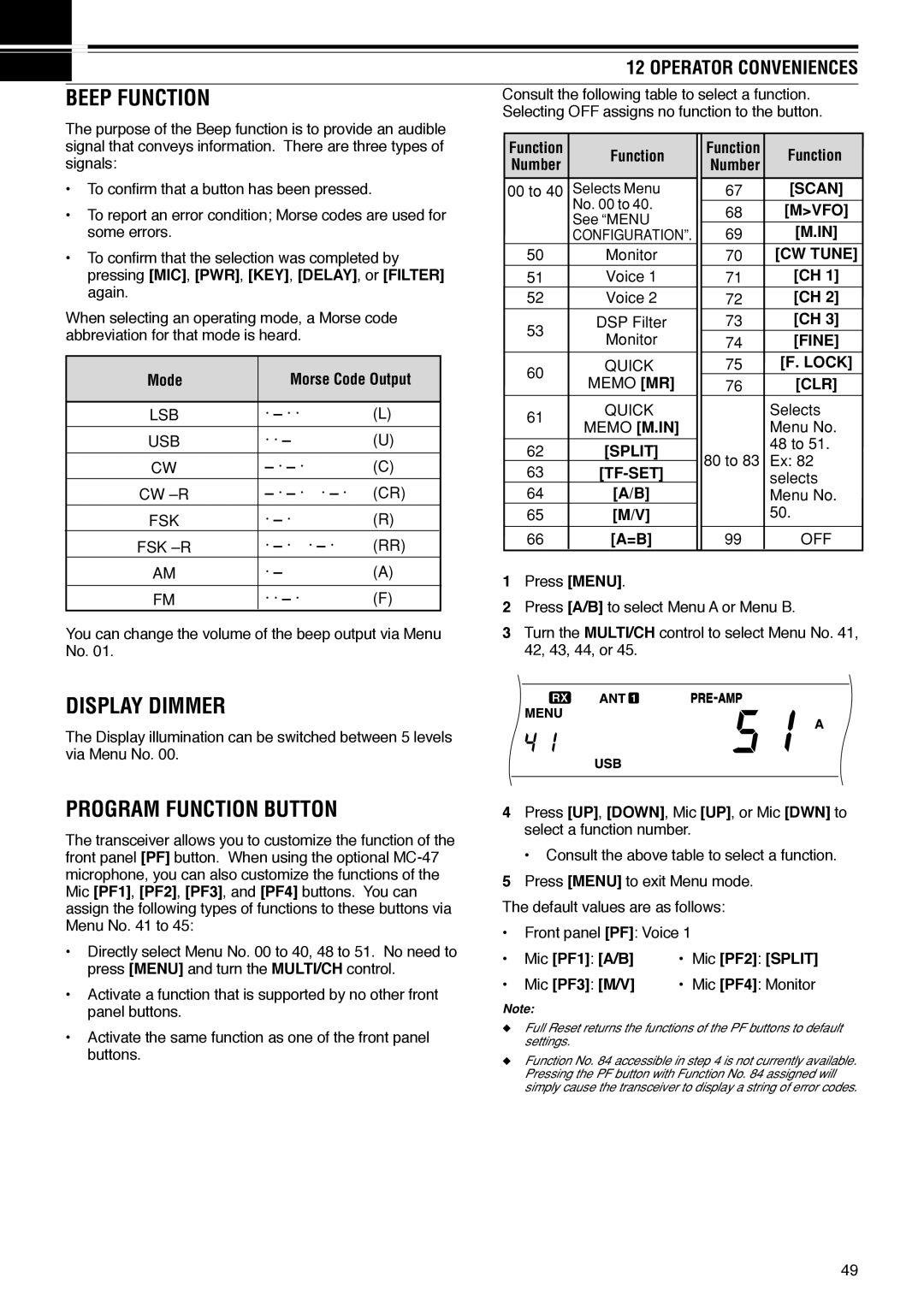 Kenwood TS-570D instruction manual Beep Function, Display Dimmer, Program Function Button, Operator Conveniences 