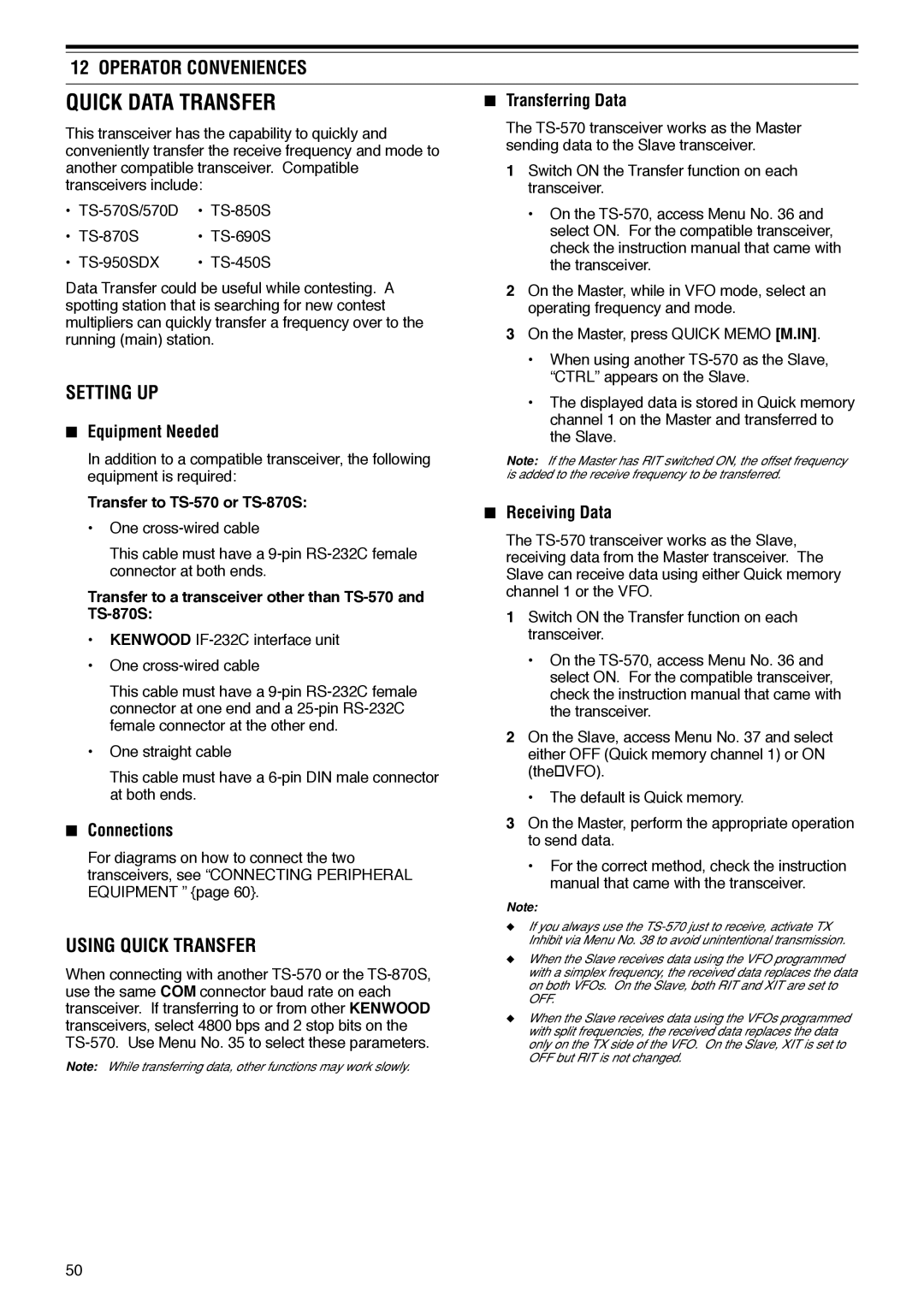 Kenwood TS-570D instruction manual Quick Data Transfer, Setting UP, Using Quick Transfer 