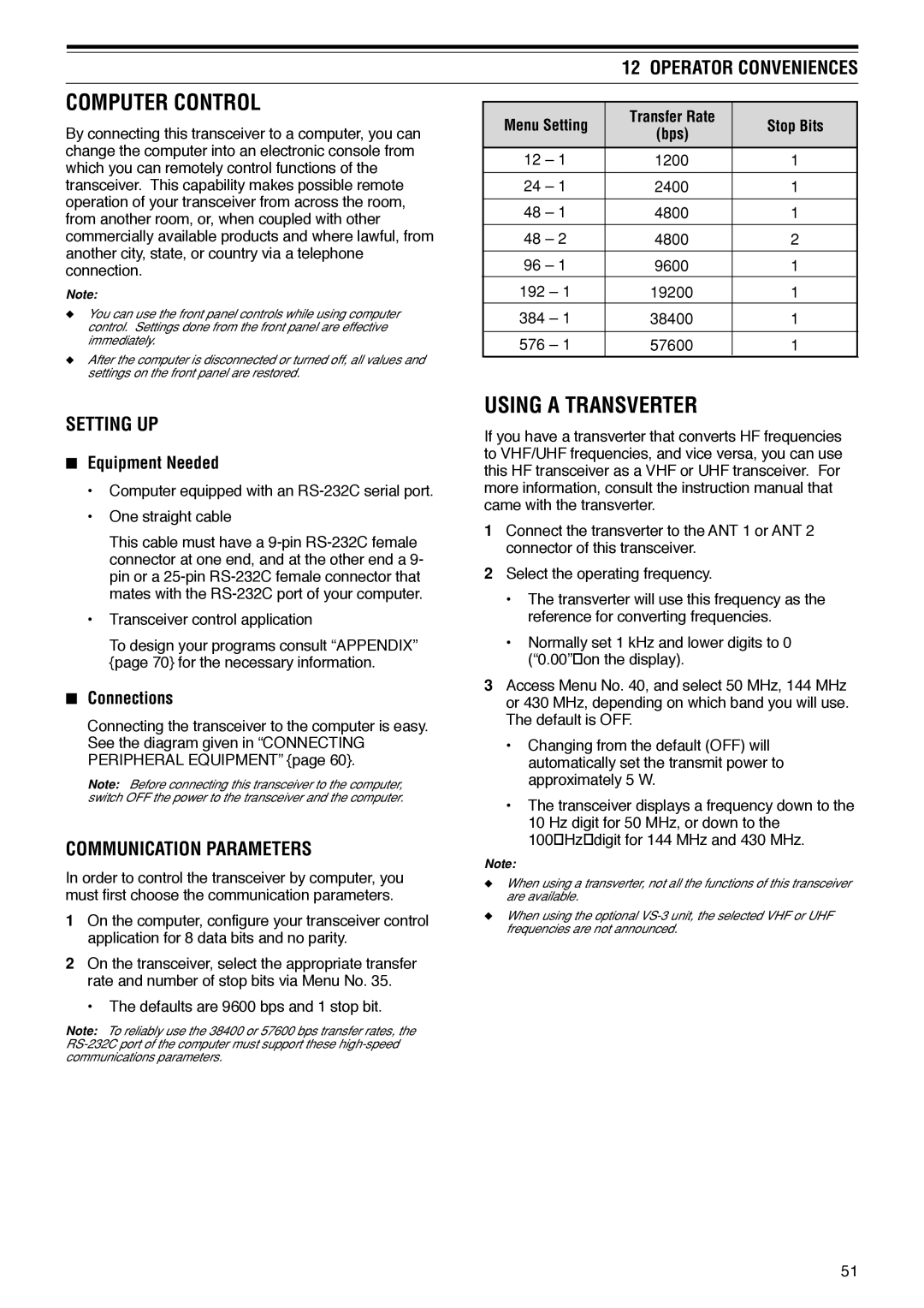 Kenwood TS-570D Computer Control, Using a Transverter, Communication Parameters, Menu Setting Transfer Rate Stop Bits 