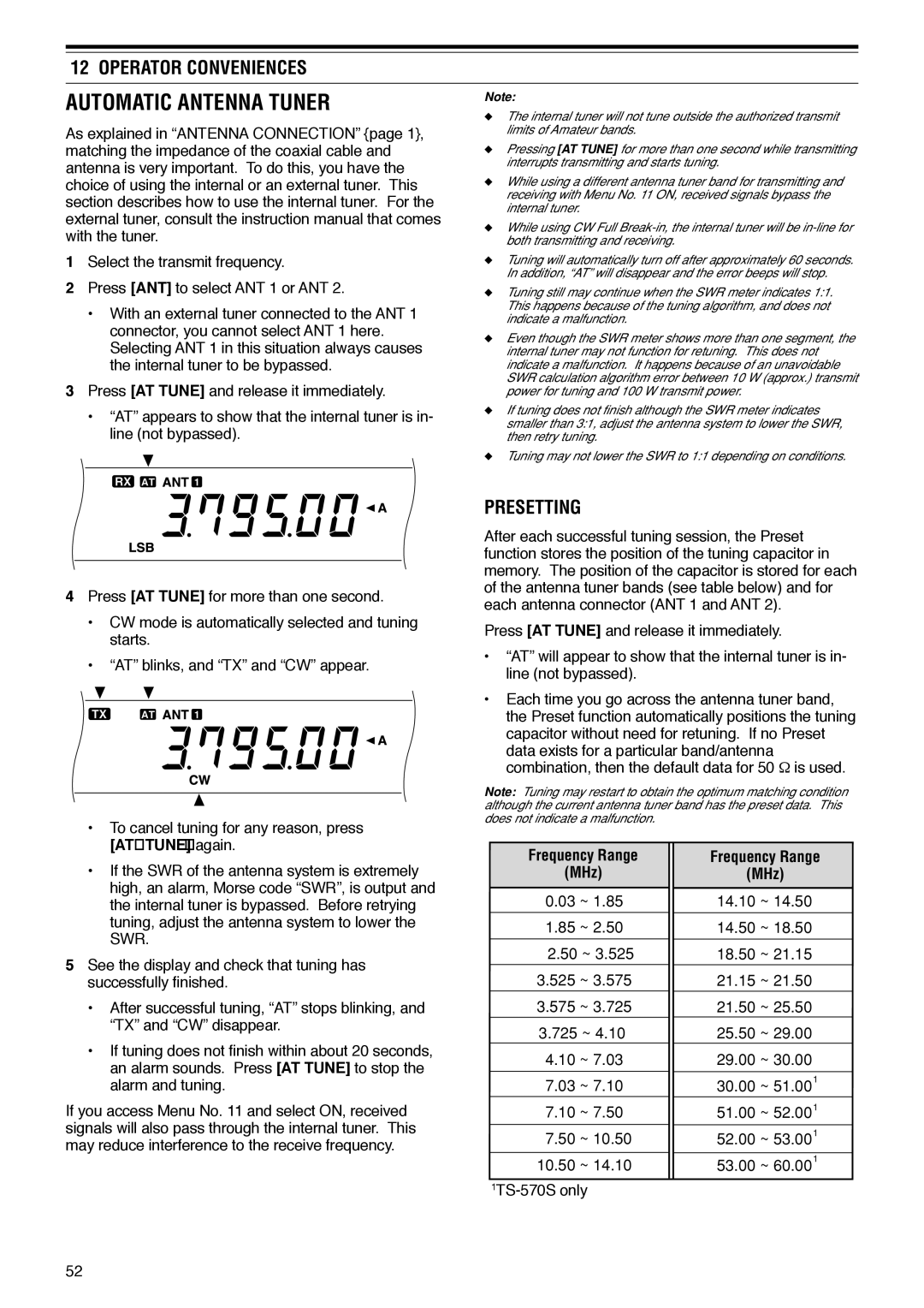 Kenwood TS-570D instruction manual Automatic Antenna Tuner, Presetting, Attune again 