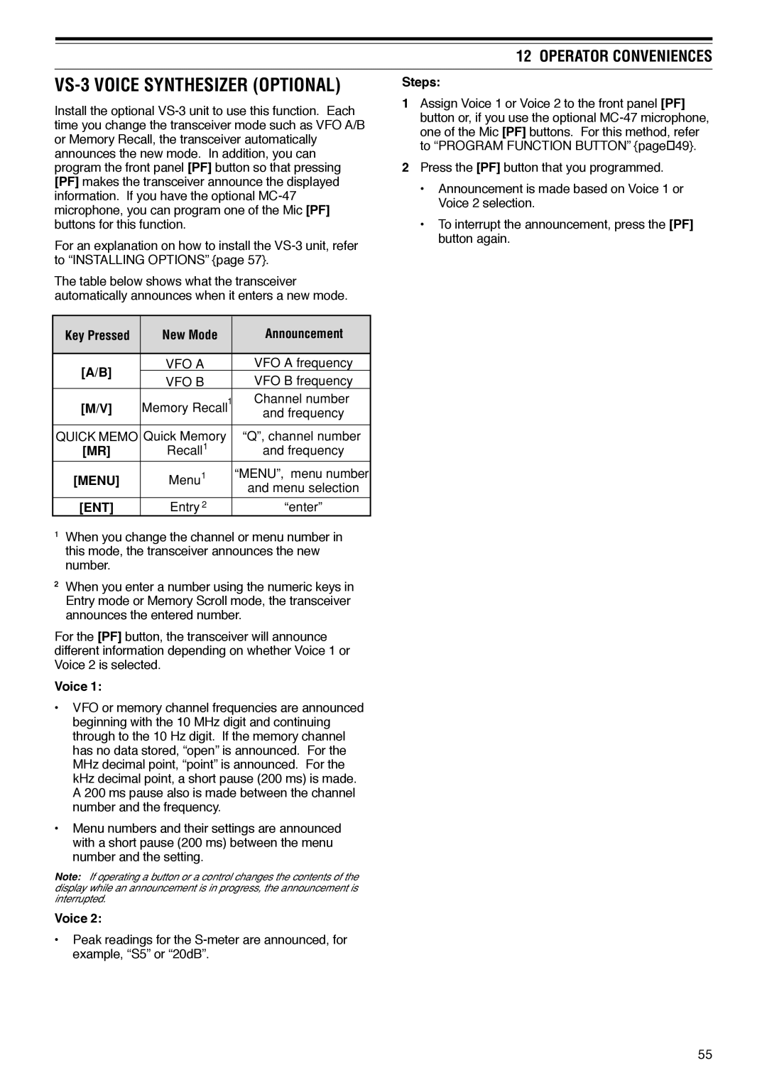 Kenwood TS-570D instruction manual New Mode Announcement, Menu, Voice, Steps 