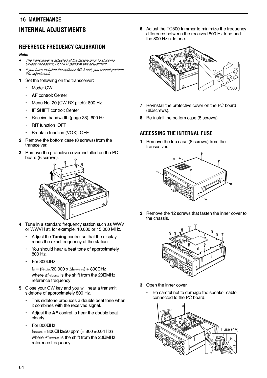 Kenwood TS-570D Internal Adjustments, Maintenance, Reference Frequency Calibration, Accessing the Internal Fuse 