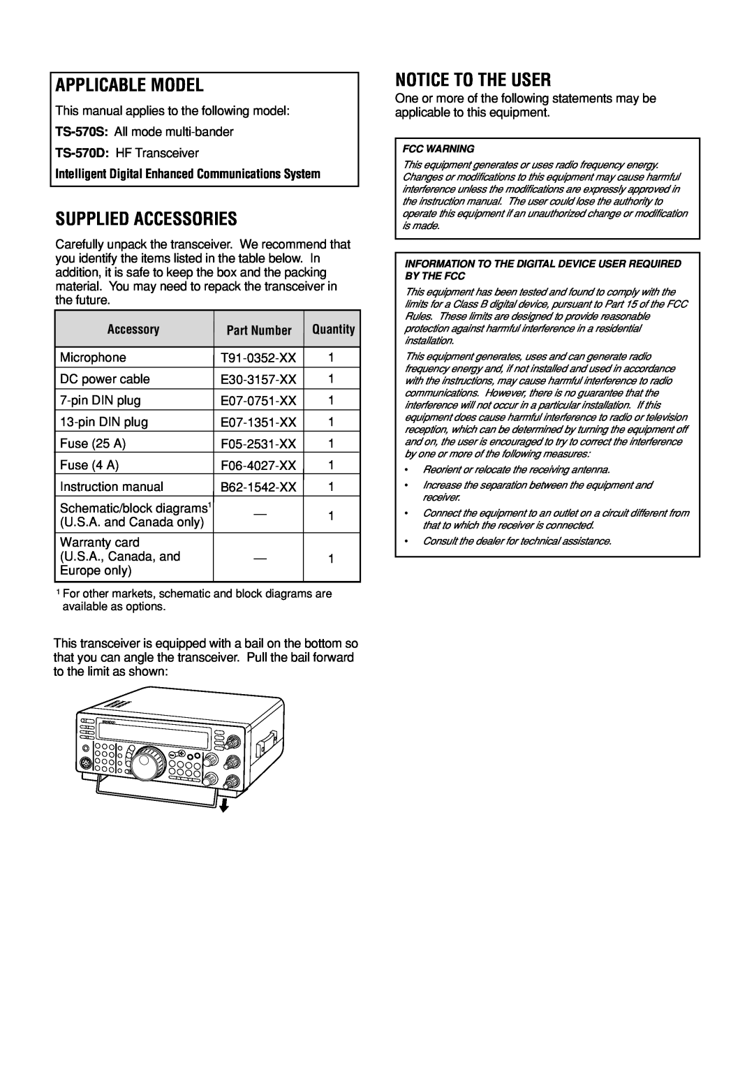 Kenwood TS-570D instruction manual Applicable Model, Supplied Accessories, Notice To The User, Accessory, Part Number 