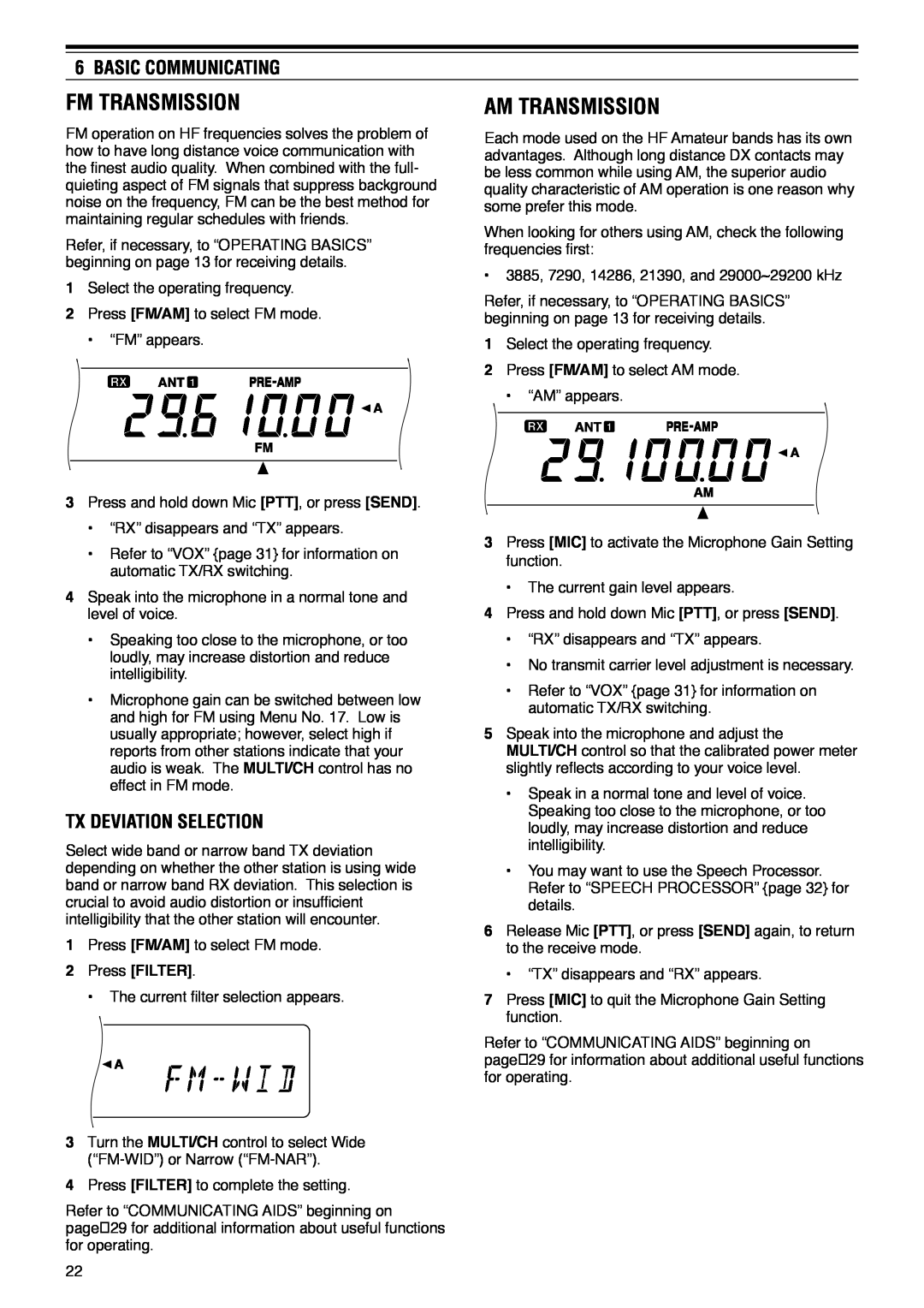 Kenwood TS-570D instruction manual Fm Transmission, Am Transmission, Tx Deviation Selection, Basic Communicating 