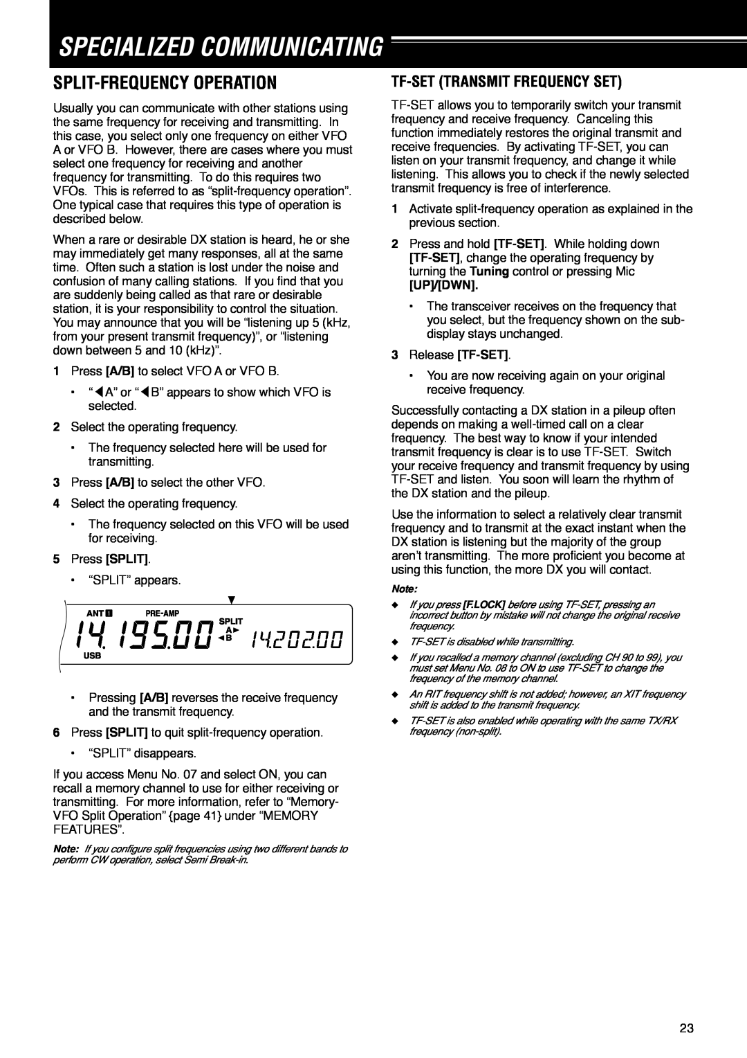 Kenwood TS-570D instruction manual Specialized Communicating, Split-Frequencyoperation, Tf-Settransmit Frequency Set 