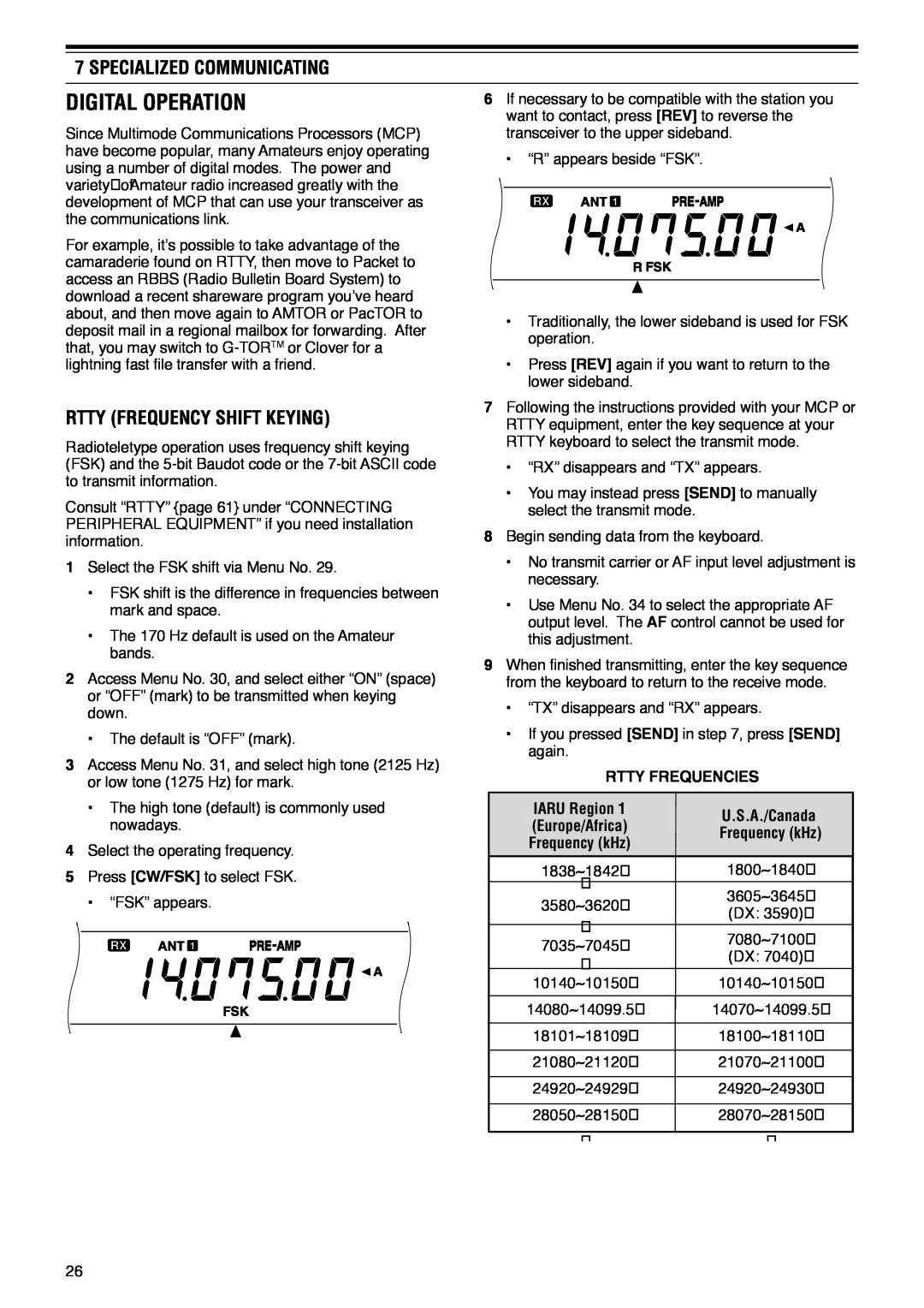 Kenwood TS-570D instruction manual Digital Operation, Rtty Frequency Shift Keying, Specialized Communicating 